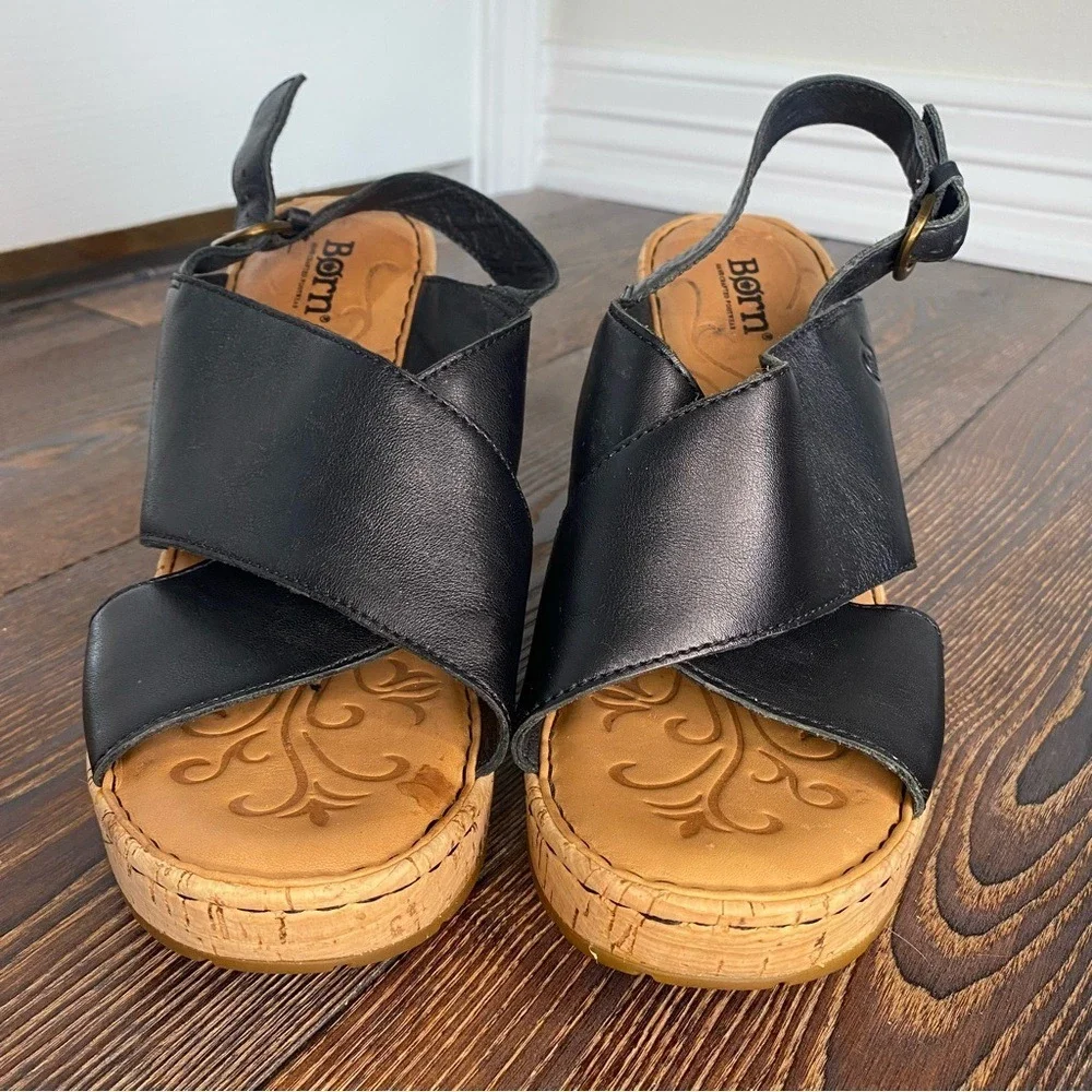 Born Black Leather Cork Wedge Sandals Heels Ankle Strap Casual Womens Shoes Sz 9
